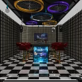 Colorful KTV Room Interior With Purple Ceiling Ring Decor Grid Walls Checkered Floor Red Stools