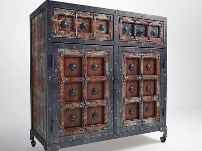 Vintage Style Entryway Cabinet Sideboard With Metal Frame Wooden Panels And Wheels 3d model