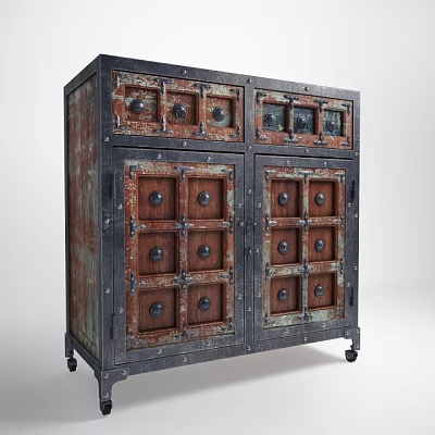Vintage Style Entryway Cabinet Sideboard With Metal Frame Wooden Panels And Wheels 3d model