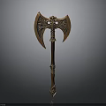 Ornate Battle Axe With Carved Golden Axe Head Wooden Handle And Intricate Design