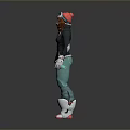 Woman in Ski Outfit with Helmet Goggles Dark Jacket Green Pants and Red Ski Boots