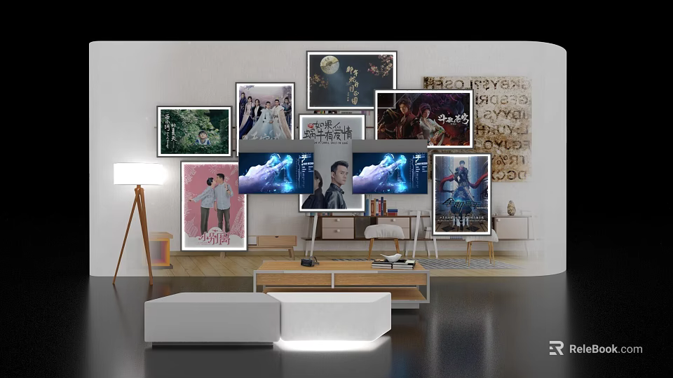 Modern Display Island With Multiple Artworks Photos On Wall TV Screen Sofa And Floor Lamp 3d model 