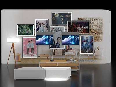 Modern Display Island With Multiple Artworks Photos On Wall TV Screen Sofa And Floor Lamp 3d model