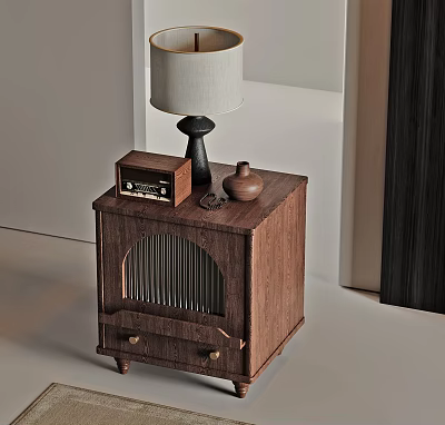 Dark Wood Nightstand With Table Lamp Vintage Radio Ceramic Jar And Vertical Slats 3d model