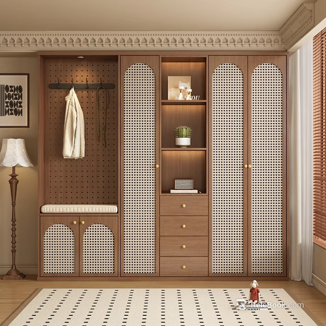 Modern Wooden Wardrobe With Lattice Doors Bench Drawers And Coat Hanger 3d model 