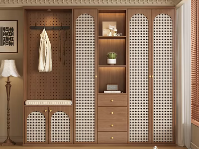 Modern Wooden Wardrobe With Lattice Doors Bench Drawers And Coat Hanger 3d model