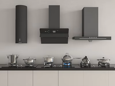 Sleek Modern Kitchen With Black Range Hoods Stovetops And Pots Pans Arranged On Counter 3d model