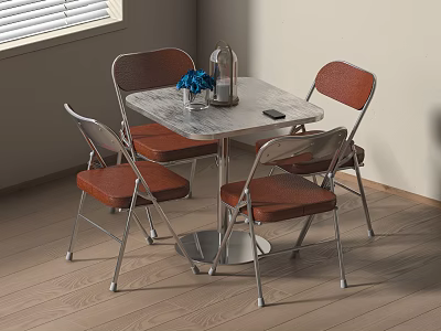 Modern Dining Table Set With Square Tabletop And Four Brown Cushioned Metal Chairs 3d model