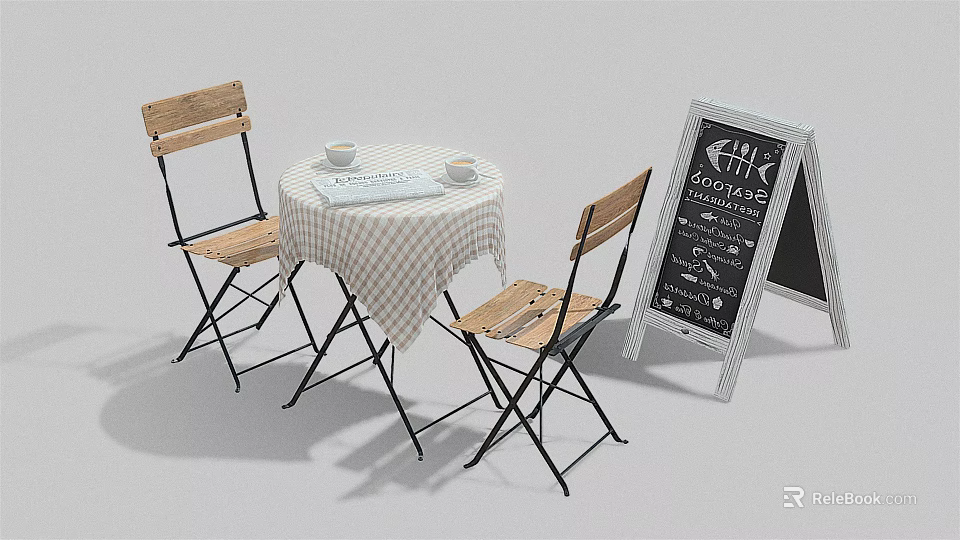 Round Table with Wooden Chairs Checkered Tablecloth Cups Open Book and Chalkboard Sign 3d model 