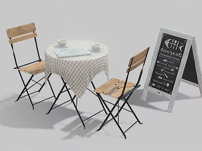 Round Table with Wooden Chairs Checkered Tablecloth Cups Open Book and Chalkboard Sign 3d model
