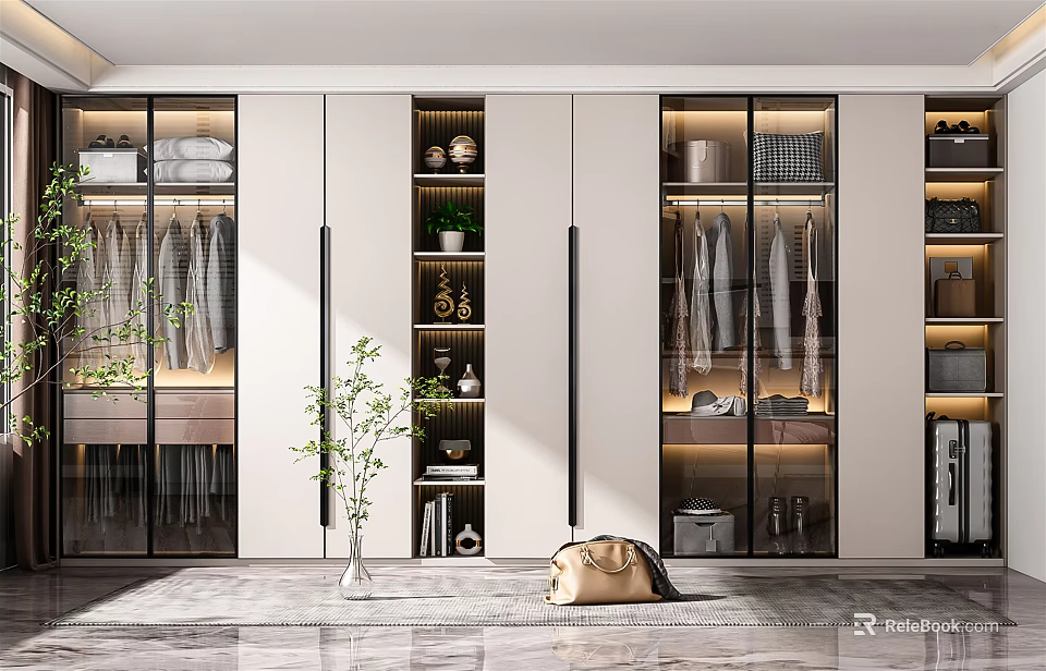Modern Wardrobe Design With Glass Doors Lighting Hanging Area And Storage 3d model 