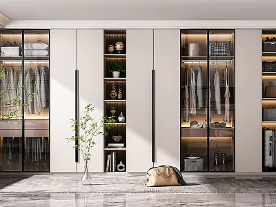 Modern Wardrobe Design With Glass Doors Lighting Hanging Area And Storage 3d model