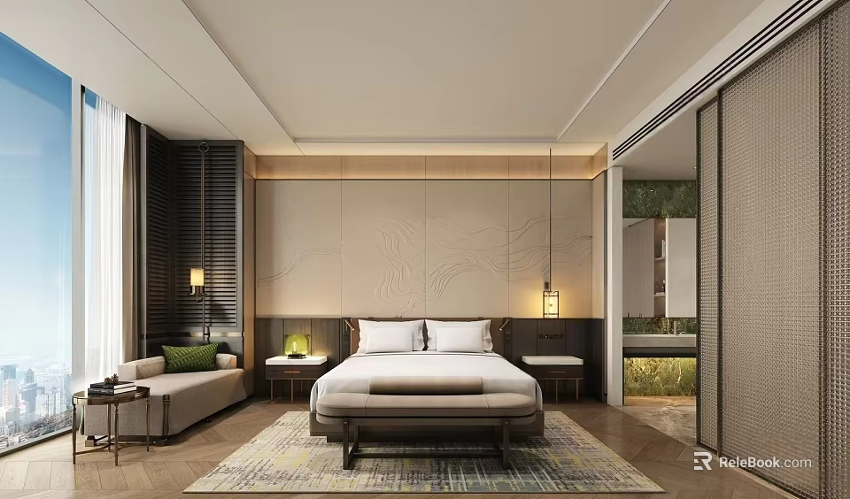 Modern Elegant Bedroom With White Bed Bench Sofa Nightstands And Textured Wall 3d model