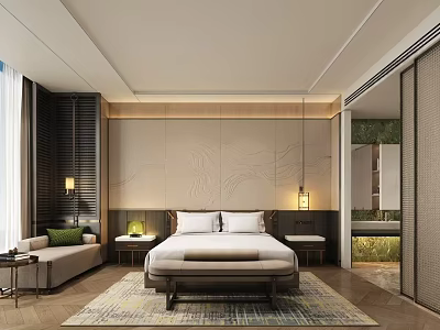 Modern Elegant Bedroom With White Bed Bench Sofa Nightstands And Textured Wall 3d model