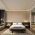 Modern Elegant Bedroom With White Bed Bench Sofa Nightstands And Textured Wall 3d model