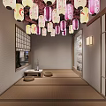Japanese Style Hotel Corridor With Wooden Lattice Doors Decorative Umbrellas And Cherry Blossom Tree