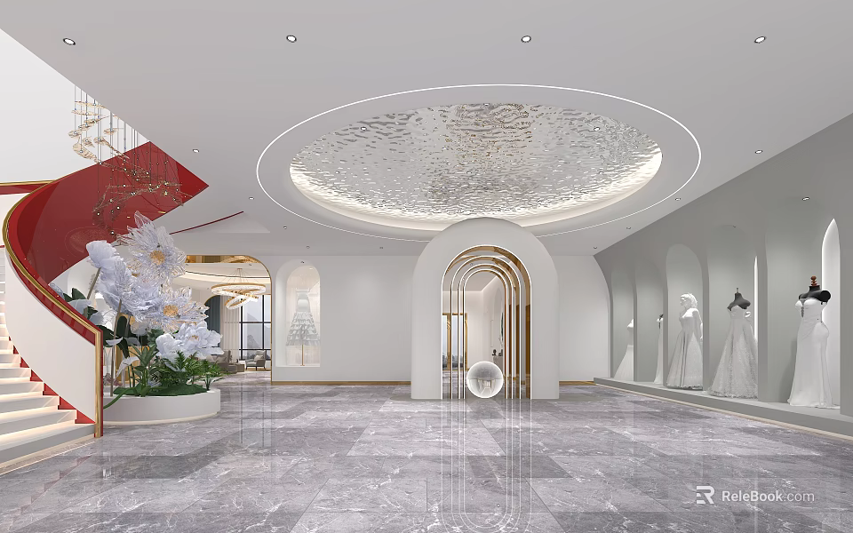 Modern Luxury Store Front Desk With Marble Floor Round Ceiling Arched Doorway And Floral Decor 3d model 