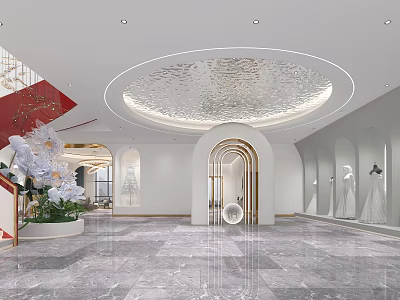 Modern Luxury Store Front Desk With Marble Floor Round Ceiling Arched Doorway And Floral Decor 3d model