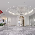 Modern Luxury Store Front Desk With Marble Floor Round Ceiling Arched Doorway And Floral Decor