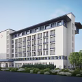 Modern Hospital Building Exterior With Red Cross Symbol And Landscaped Entrance