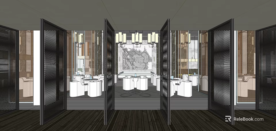 Sales Office Luxurious Interior Design With Chandeliers Round Tables And Glass Walls 3d model 