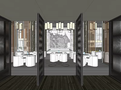 Sales Office Luxurious Interior Design With Chandeliers Round Tables And Glass Walls 3d model