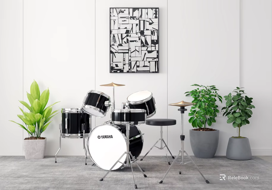 Stylish Drum Set And Abstract Painting With Indoor Green Plants Decor 3d model 
