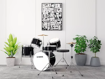 Stylish Drum Set And Abstract Painting With Indoor Green Plants Decor 3d model