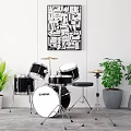 Stylish Drum Set And Abstract Painting With Indoor Green Plants Decor