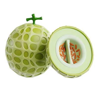 Exotic Fresh Kiwano Fruit with Green Pitted Outer Skin Halved Showing Orange Seeds 3d model
