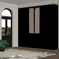 Black Wardrobe Cabinet With Arched Doors Drawers In Modern Interior With Plant And Rug