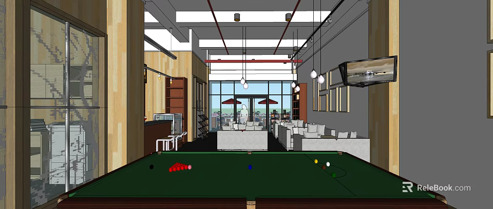 Modern Leisure Area With Pool Table Sofas Large Windows And Pendant Lights 3d model 