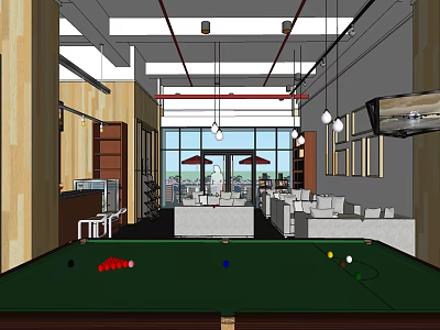 Modern Leisure Area With Pool Table Sofas Large Windows And Pendant Lights 3d model