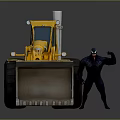Yellow Construction Loader With Large Front Bucket Standing Next To Black Figure