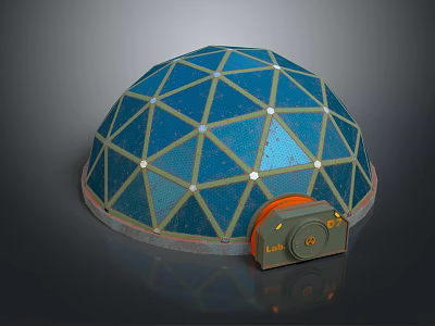 Cartoon Scenic Blue Dome With Geometric Grid White Points Orange Base And Gray EXIT Device 3d model