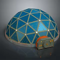 Cartoon Scenic Blue Dome With Geometric Grid White Points Orange Base And Gray EXIT Device 3d model