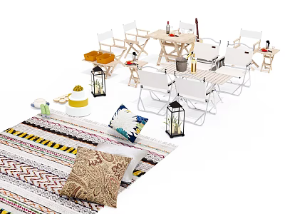Outdoor Table And Chair Set With Decorative Pillows Lanterns And Patterned Rug 3d model