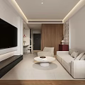 Modern Living and Dining Room Interior With Beige Sofa Coffee Table Artwork and Plants
