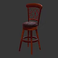 Classic Wooden Bar Stool With Ornate Carved Backrest And Padded Seat Design