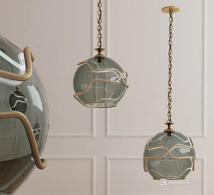 Modern Glass Globe Pendant Lights With Brass Accents Hanging On Light Wall 3d model 