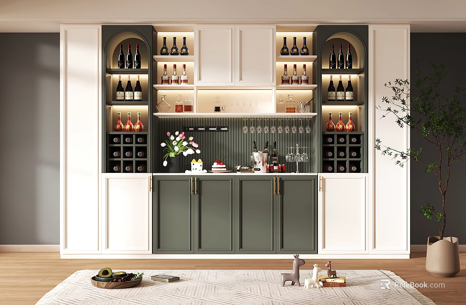Modern White And Dark Green Wine Cabinet With Glass Doors LED Lighting And Wine 3d model 