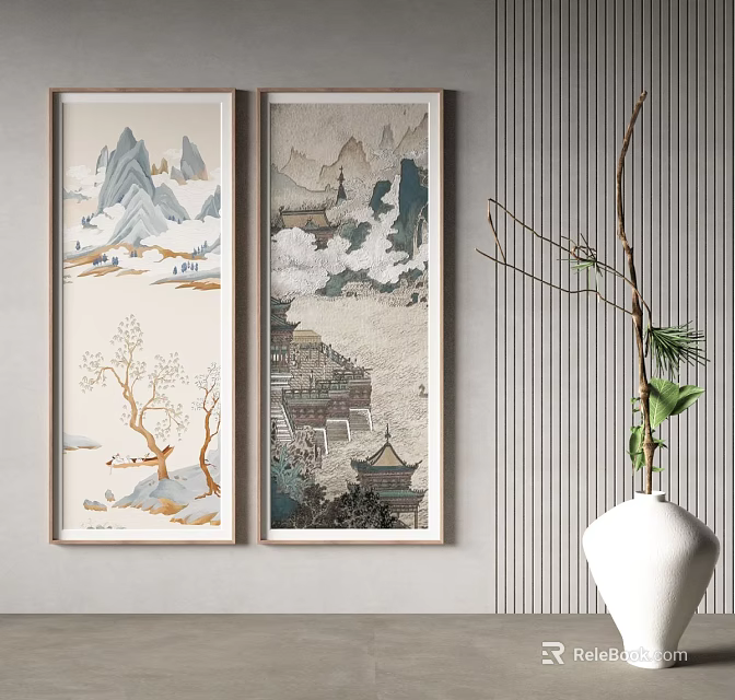 Traditional Chinese Two Panel Landscape Paintings With Mountains Water Buildings And Trees For Wall Decor 3d model 