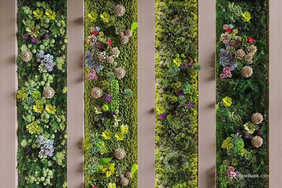 Lush Diverse Living Plant Wall with Mixed Greenery Flowers and Vertical Garden Style 3d model 