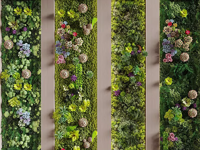 Lush Diverse Living Plant Wall with Mixed Greenery Flowers and Vertical Garden Style 3d model
