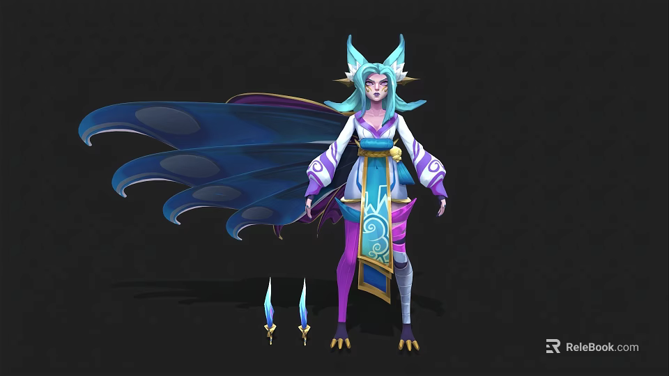 Fantasy Game Movie Character With Blue Hair Cat Ears Purple Blue Outfit Blue Cape And Weapons 3d model 