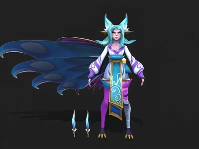 Fantasy Game Movie Character With Blue Hair Cat Ears Purple Blue Outfit Blue Cape And Weapons 3d model