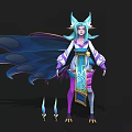 Fantasy Game Movie Character With Blue Hair Cat Ears Purple Blue Outfit Blue Cape And Weapons