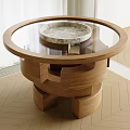 Round Glass Top Dining Table Featuring Geometric Wooden Base Marble Bowl And Light Wood Floor