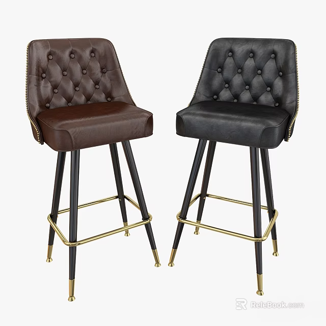 Brown And Black Leather Bar Stools With Tufted Design And Gold Metal Legs 3d model 