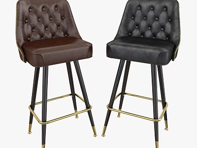 Brown And Black Leather Bar Stools With Tufted Design And Gold Metal Legs 3d model